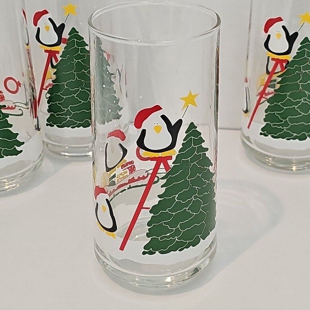 Christmas Tree & Penguins Glass Tumbler 6" holiday Santa hat 14oz set of 4 - Picture 8 of 10
